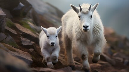 Naklejka na ściany i meble Mother Mountain Goat and Kid on a Rocky Slope