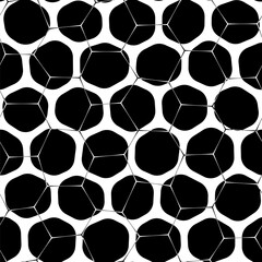 A seamless abstract pattern in bold black and white featuring a honeycomb motif on a black backdrop with a mesh-like design