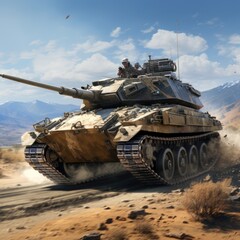 Armored Tank in Military Formation with Self-Propelled Artillery