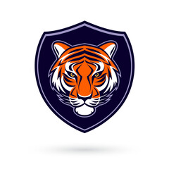 An attractive tiger logo in the shield, in the style of navy and blue,