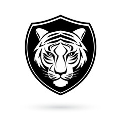 A Tiger head logo on black shield, in the style of black and white art. Illustration on white background. Symmetrical design