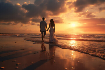 A contented couple taking a peaceful sunset stroll on the beach. Concept of love and relaxation. Generative Ai.