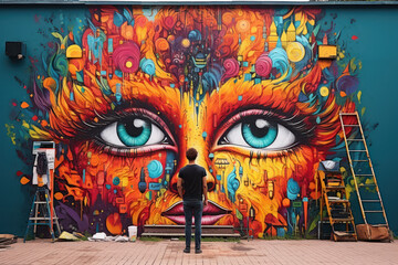 Fototapeta premium A street artist creating a colorful mural on a city wall. Concept of urban art and self-expression. Generative Ai.