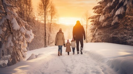 Happy family Father, mother and children are having fun and playing on snowy winter walk in nature. comeliness