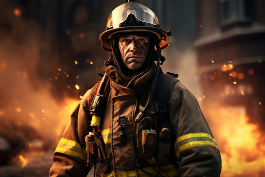 A firefighter in full gear, demonstrating courage and bravery. Concept of heroism and public service. Generative Ai.