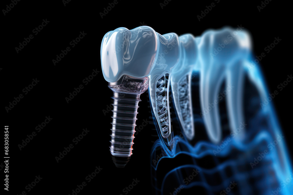 Wall mural An X-ray image displaying a dental implant anchored in the jawbone. Concept of dental implant placement and oral health. Generative Ai.