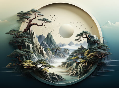 A picture of two circular shapes making. A painting of a landscape with trees and mountains