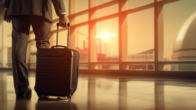 Homem de negócios puxando sua mala na sala de embarque de um aeroporto, pronto para uma viagem de negócio.
