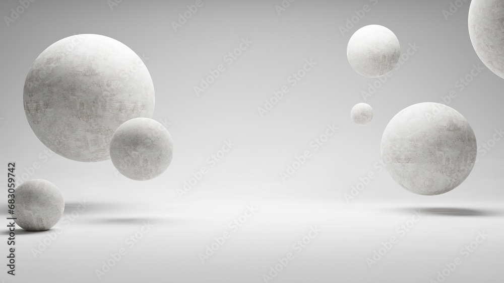 Poster Abstract spheres round circles forms white background with white color light and empty blank space, spheres and circles background podium stage for products and design