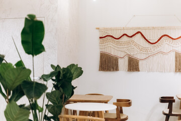 Cafe restaurant interior minimalist cozy wooden stylish design shelfs copy space, comfortable modern studio with plant flowerpot decor

