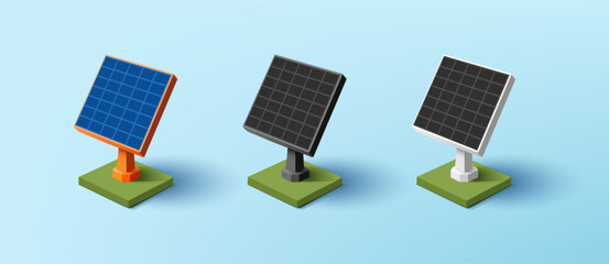 Set of colorful stationary 3D solar panels. Panels behind green grass. Design of ecological energy, alternative green energy. Vector
