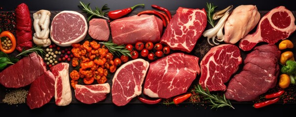 Food collage of various beef steak raw fresh meat. Generative ai