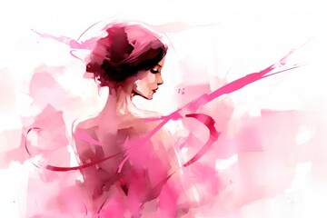 Watercolor drawing of woman, pink ribbon international cancer day. Generative AI