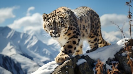 Snow Leopard walking on Rocky Snow-Covered Ridge