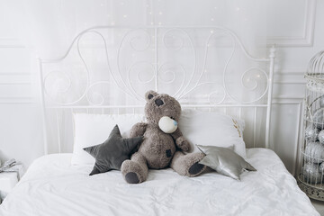 Cozy flat apartment photo studio room green Christmas Tree gifts presents garlands teddy bear on...