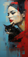    dama z czrnym kotem na rękach i czerwonymi ustami i czarnymilokami w formie obrazu, 