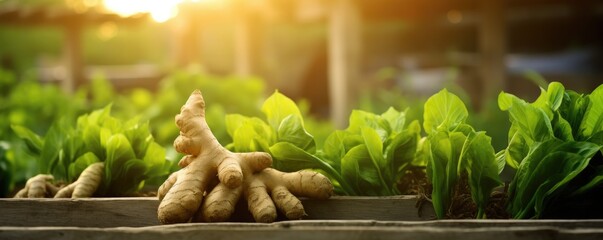 Ginger on the wooden table in green garden. Fresh Vegetable. Generative ai - obrazy, fototapety, plakaty