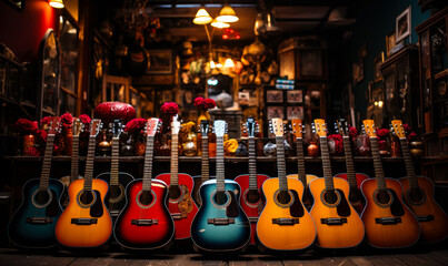 A cd of a wide range of acoustic guitars. A row of guitars sitting on top of a wooden floor
