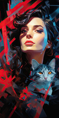    dama z czrnym kotem na rękach i czerwonymi ustami i czarnymilokami w formie obrazu,  - obrazy, fototapety, plakaty