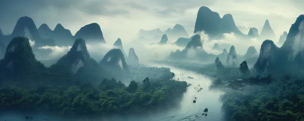 Papier Peint photo autocollant Guilin Landscape of Guilin, Li River and Karst mountains, China. Generative ai