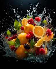 The splashes of fruits into one another. A bunch of fruit is splashing into the water