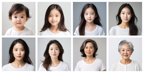 collage of east asian racial female portraits of different ages, made with generative AI - obrazy, fototapety, plakaty