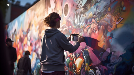 Young street graffiti artist girl paints colorful graffiti on brick wall. Street art and...
