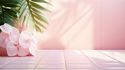 Pale pink tiles and palm leaves