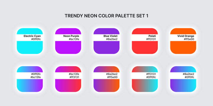 Fashion bright neon color trend pallete. Colour palette with different shades and gradient. Neomorphism square on grey background. Paint palette mock up. Vector illustration