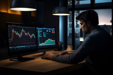 A man at a computer against the background of stock quotes and the evening city.