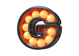 Eye-catching 90s style font 3D letter G in orange and blue. Nostalgic light bulb marquee lettering. High quality 3D rendering.
