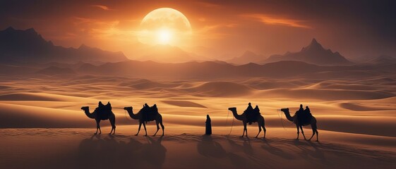 People lead a herd of domestic camels across the desert through a scenic fantasy desert landscape at sunset.
