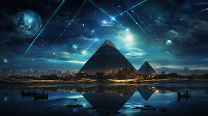 widok piramid i planet na nocnym i gwiazdzistym niebie z planetami w tle - obrazy, fototapety, plakaty