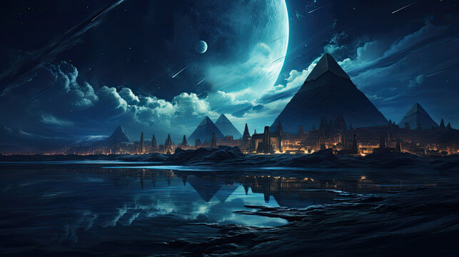 widok piramid i planet na nocnym i gwiazdzistym niebie z planetami w tle