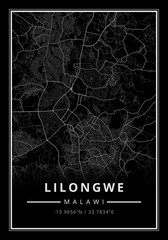 Street map art of Lilongwe city in Malawi - Africa
