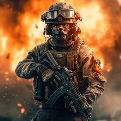 Soldier in Combat Helmet with Warning Sign and Weapon