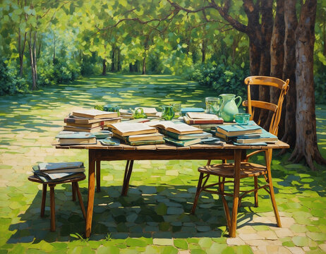 painting of a neatly arranged table with books on it. In the open nature which is shady, green and cool. Lots of fresh trees
