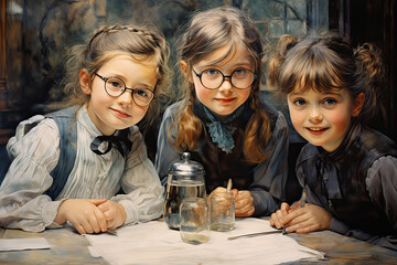 dzieci uśmiechnięte w okularach nad książkami - obrazy, fototapety, plakaty