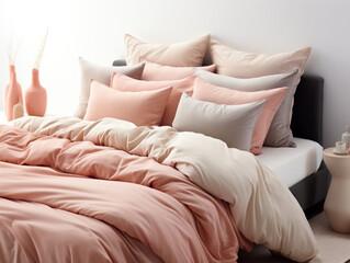 Fototapeta na wymiar bed with linens in beige and coral tones, pillows and warm blankets