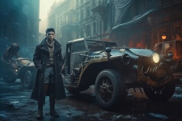 Steampunk and retro-futurism style. Steampunk man stands near mechanical vehicle on old city street background. - obrazy, fototapety, plakaty