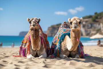 dwa wielbłądy na plaży siedzące przy sobie