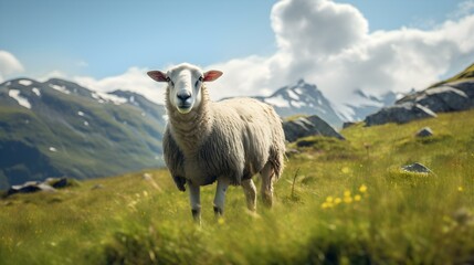 Sheep grazing in Alpine Meadow - obrazy, fototapety, plakaty