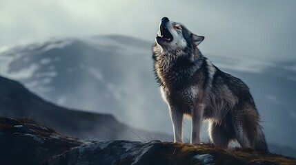 Lone Wolf Howling on a Misty Mountain