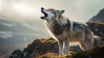 Lone Wolf Howling on a Misty Mountain