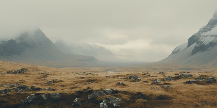 Generative AI, Iceland beautiful foggy wild landscape with mountains, aesthetic muted colors, 