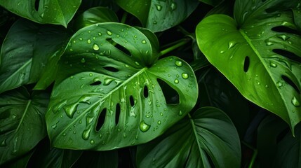Fresh green wet philodendron leaves filling the picture - obrazy, fototapety, plakaty