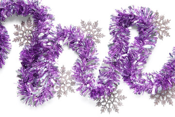 Composition with beautiful Christmas tinsel and snowflakes on white background, closeup