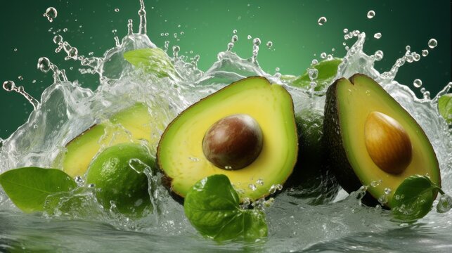 Watersplash with fresh avocados against green background