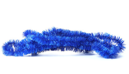 Blue Christmas tinsel on white background