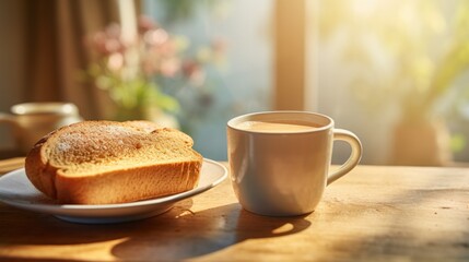 A plate of bread and a cup of coffee on a table. Generative AI. - Powered by Adobe